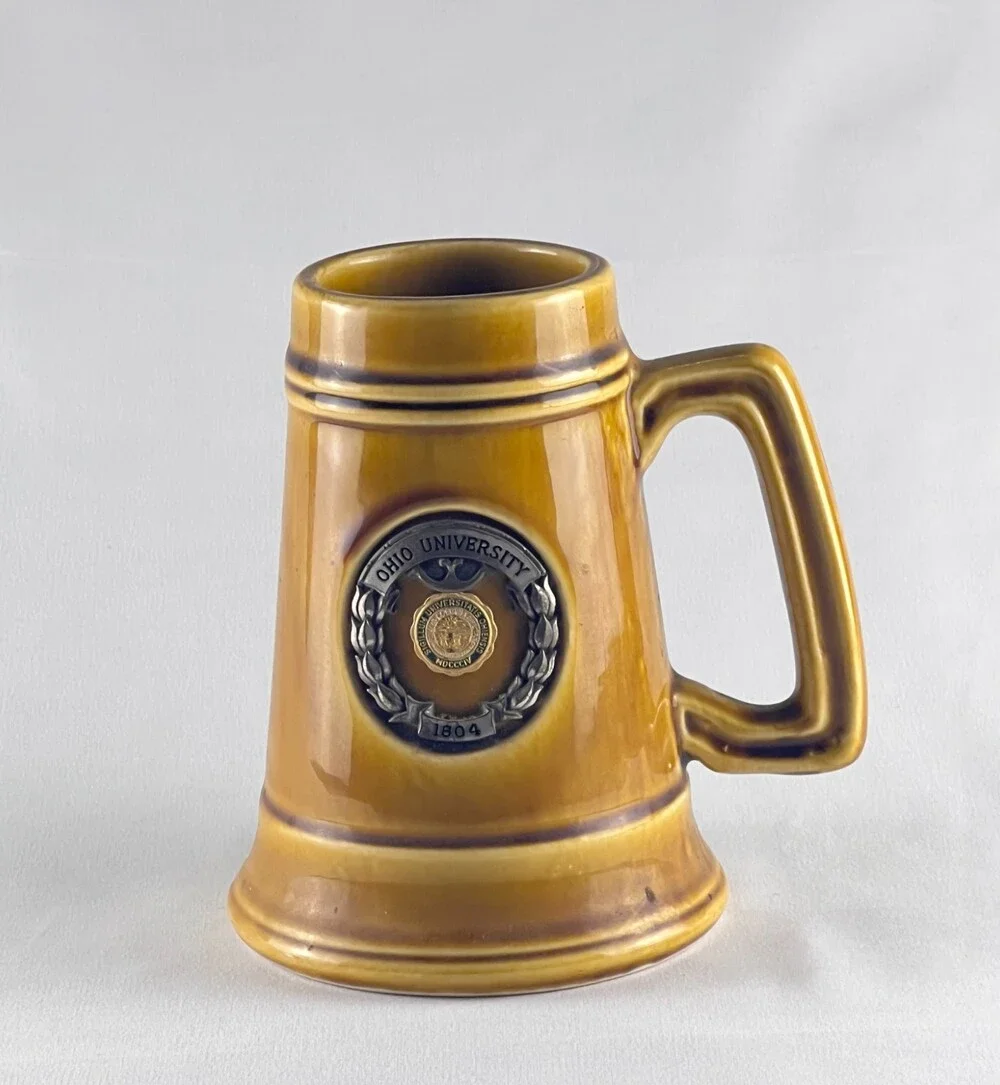 Vtg Ohio University Ceramic Beer Stein Mug Gold Brown w/ Metal Medallion Crest